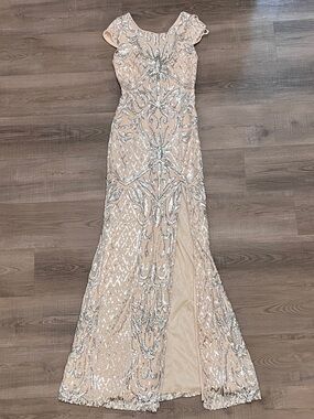Windsor Sequin Evening Gown Prom Dress - Nude w/Silver Accents